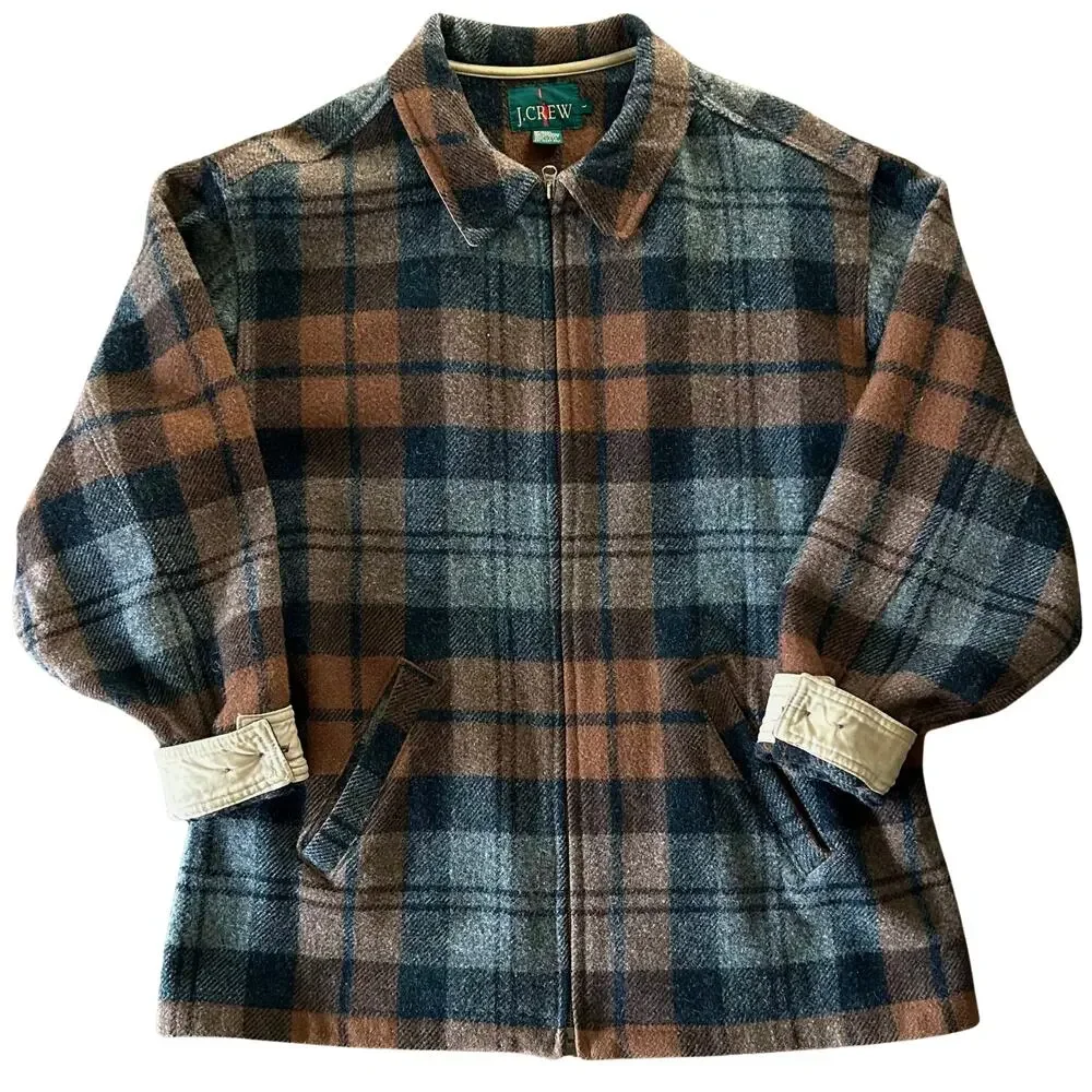 Vintage J.Crew Wool Plaid Zip Jacket Brown Gray Made in USA Mens L Unisex